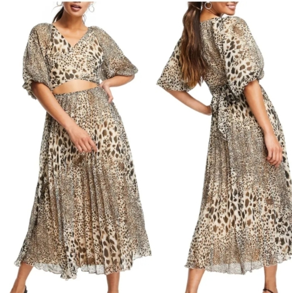 ASOS Leopard Print Puff Sleeves Faux Wrap Midi Dress sz 2